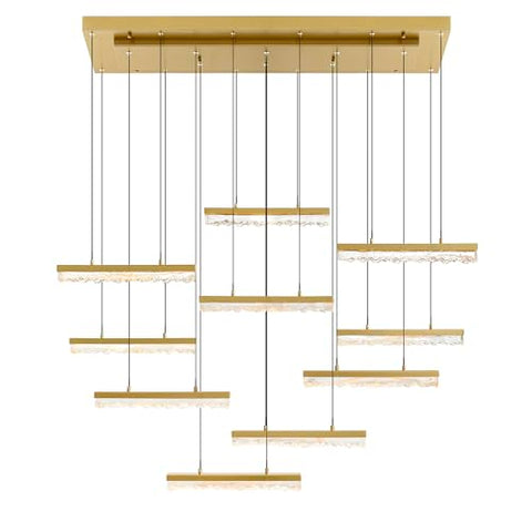 Stagger 48in Brass LED Chandelier with Textured Handmade Glass – Modern Ceiling Light Fixture for Dining Room, Living Room, Kitchen Island