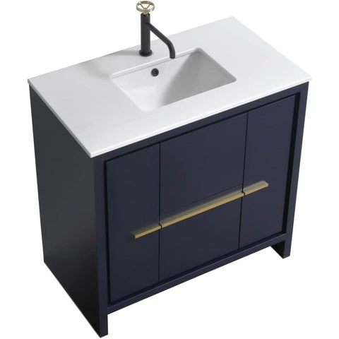 Oakestry Dolce 36 Inch Blue Freestanding Modern Bathroom Vanity with White Quartz Countertop Undermount Sink and Soft Close Drawer
