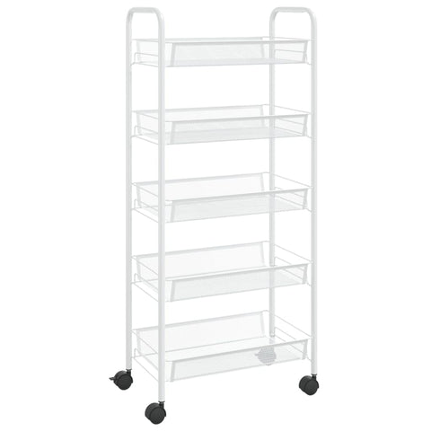 vidaXL 5-Tier Kitchen Trolley in White, Iron Construction with Mesh Storage Baskets, Compact Mobile Design for Kitchen, Office, or Bathroom
