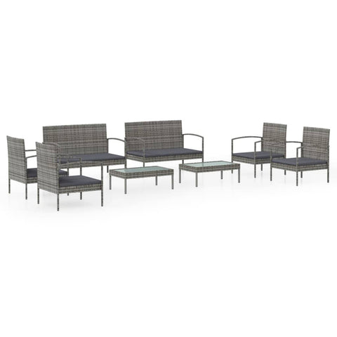 vidaXL Outdoor Patio Lounge Furniture Set, 8 Pieces with Gray Powder-Coated Steel & PE Rattan Material, Including 2-Seater Sofas, Armchairs and Glass Topped Tables