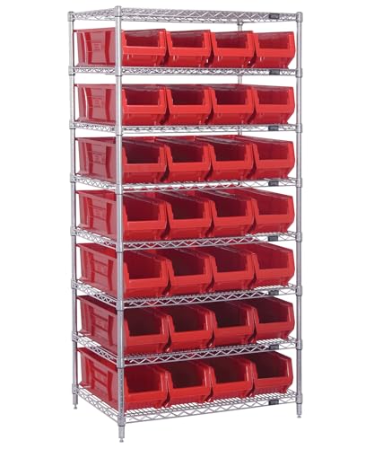 Quantum Storage Systems WR8-970RD 8-Tier Complete Wire Shelving System with 28 QUS970 Red Hulk Bins, Chrome Finish, 74" Height x 36" Width x 30" Depth