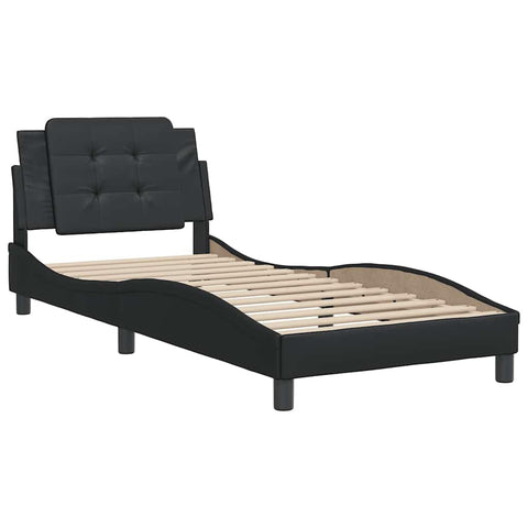 vidaXL Twin Bed Frame with Headboard - Black Faux Leather, Foam-Filled Cushion, Plywood Slats, Modern Waved Design, 81.9 x 41.3 x 29.3 Inches