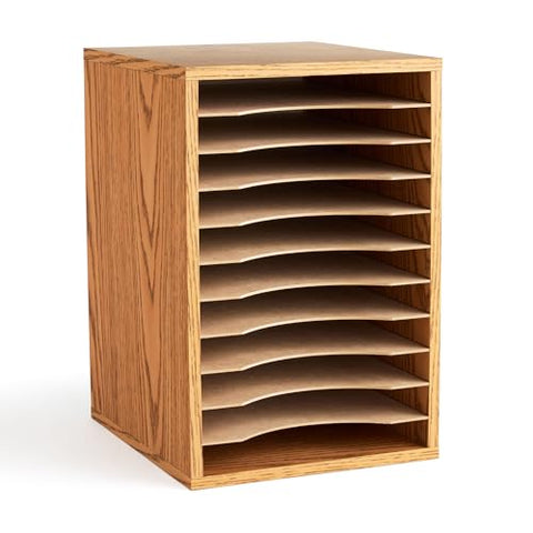 Safco Vertical Desktop Sorter, Wooden Paper Organizer for Home Office and Classroom, 11 Adjustable, Letter-Size Compartments, Medium Oak