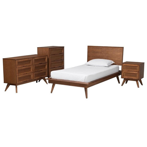 Baxton Studio Melora Walnut Brown Wood and Rattan Twin Size 4-Piece Bedroom Set