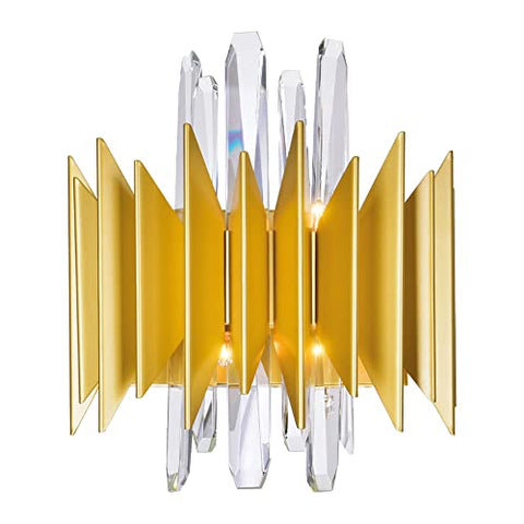 CWI Lighting Cityscape 13'' Wide 5-Light Wall Sconce with Satin Gold Finish for Hallway, Bedroom, Bathroom – G9 LED Compatible, Bulbs Not Included – Zigzag Motif with Crystal Prisms