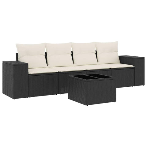 vidaXL 5 Piece Garden Sofa Set with Cushions in Black and Cream Modular Design Tempered Glass Table Weather Resistant UV for Outside Indoor Use Outdoor Patio Furniture Lounge Poly Rattan Sectional