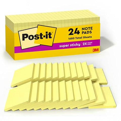 Post-it Super Sticky Notes, 24 Sticky Note Pads, 3 x 3 in., School Supplies, Office Products, Sticky Notes for Vertical Surfaces, Monitors, Walls and Windows, Canary Yellow