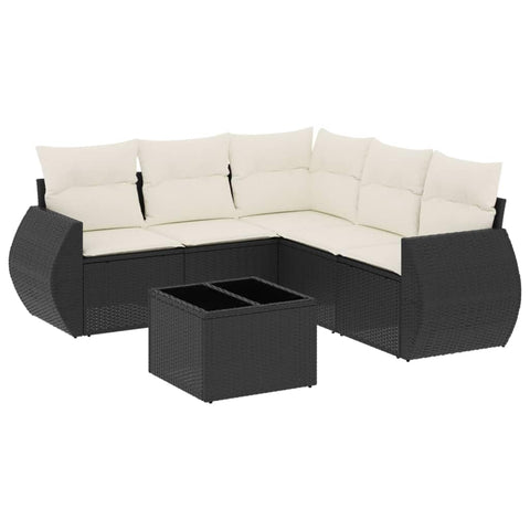 vidaXL Patio Sofa Set with Cushions 6 Piece, Sectional Sofa with Glass Table, Outdoor Conversation Set, Modern Style, Black Poly Rattan