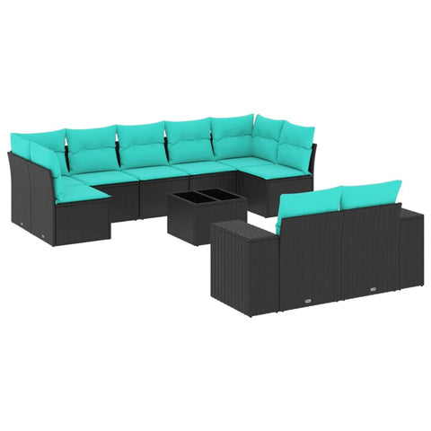 vidaXL 10 Piece Garden Sofa Set with Cushions Black Poly Rattan