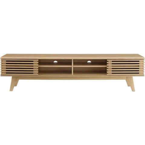 Oakestry Render Mid-Century Modern Media Console 70 Inch TV Stand Oak Finish Low Profile Entertainment Center with Storage Cabinet and Open Shelves for Living Room