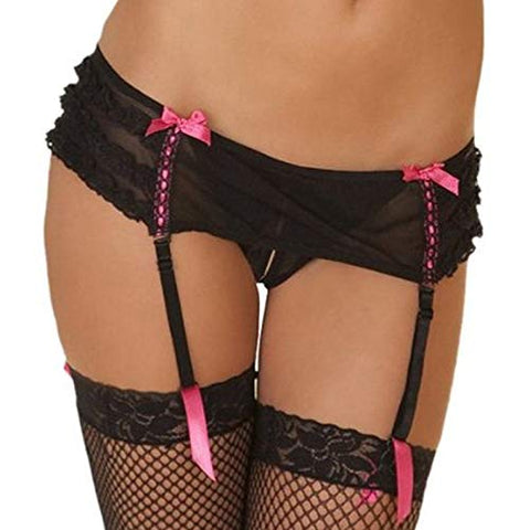 Rene Rofe Women's Crotchless Mesh Skirted Thong W/garters, Black, Medium/Large