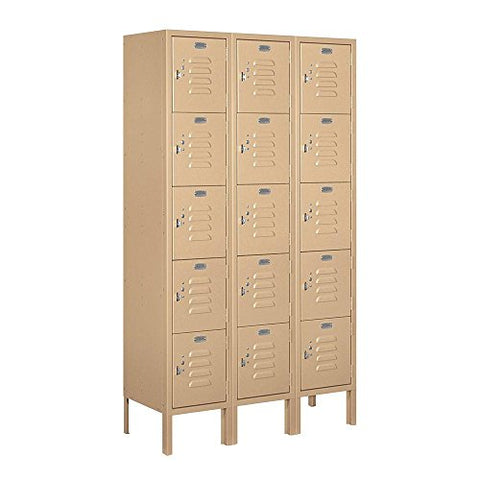 Salsbury Industries Assembled 5-Tier Box Style Standard Metal Locker with Three Wide Storage Units, 5-Feet High by 12-Inch Deep, Tan