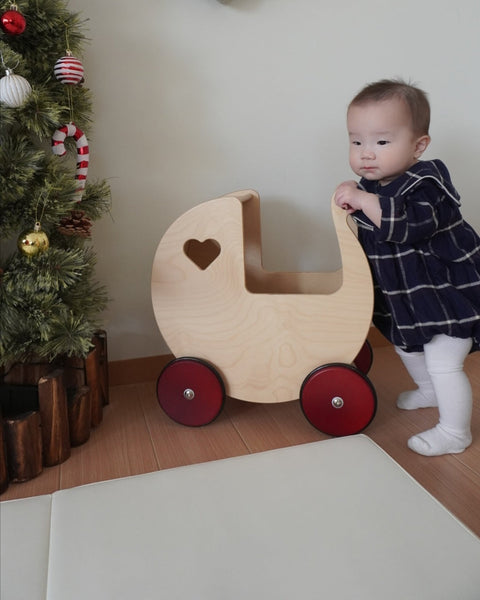 Traditional Doll Stroller Natural + red