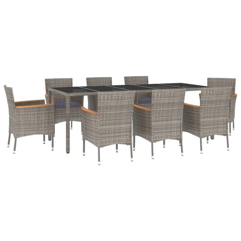 vidaXL 9 Piece Patio Dining Set with Gray Cushions - Outdoor Poly Rattan - Rectangular Table, 8 Chairs, Powder-Coated Steel Frame, Modern Garden Furniture