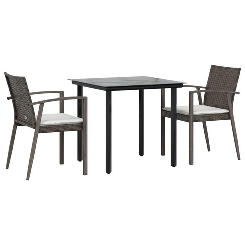 vidaXL Patio Dining Set: 3 Piece Outdoor Furniture Set with Cushions, Poly Rattan Steel - Brown Chairs, Black Square Table, Onesize