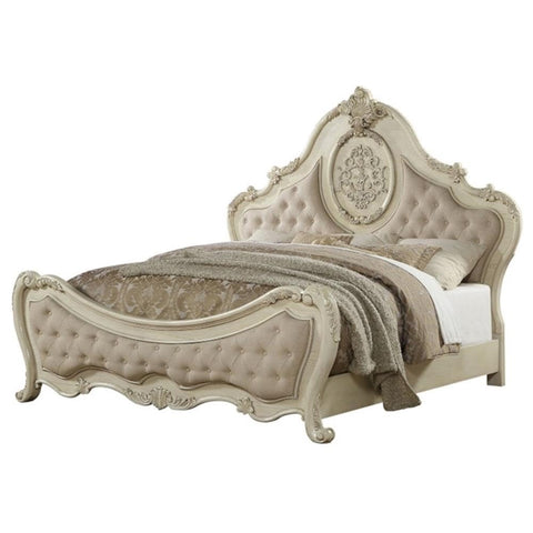 ACME Ragenardus Queen Bed - 27010Q - Beige Linen & Antique White