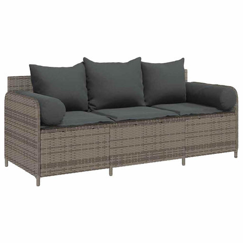 vidaXL Patio Sofa 3-Seater - Gray Poly Rattan Garden Furniture with Cushions, Weather- Outdoor Seating, 66.9" x 26.4" x 25.6", Durable Steel Frame