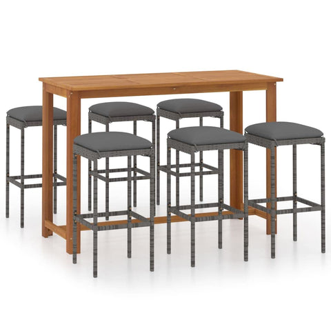 vidaXL Outdoor Seven -Piece Patio Bar Set with Cushions - Durable Acacia Wood Fabric - Weather- Gray PE Rattan - Comfortable Seat Cushions