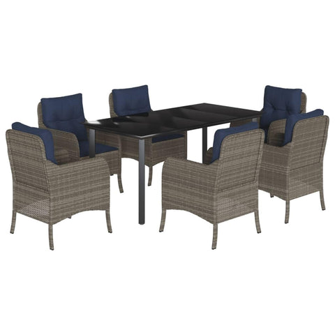 vidaXL 7-Piece Patio Dining Set - Modern Gray Poly Rattan & Navy Cushions with Tempered Glass Table for Garden/Outdoor