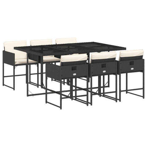 vidaXL Black Poly Rattan Patio Dining Set 7 Pieces with Cushions, Rectangular Tempered Glass Table for Garden, Backyard, Deck