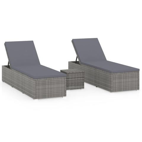 vidaXL Patio Sun Lounger 3 Piece, Sunloungers with Backrest and Footrest, Sunbeds with Cushion and Table, Pool Lounge Chairs, Poly Rattan Gray