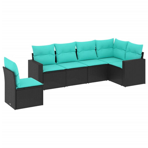 vidaXL 6-Piece Patio Sofa Set with Cushions - Black & Blue Poly Rattan, Weather- Outdoor Furniture for Garden, Deck, Backyard