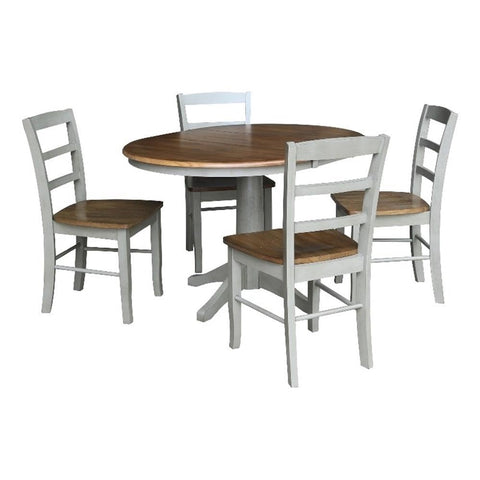 IC International Concepts 36" Round Extension Dining Table with 12" Leaf and 4 Dining Chairs, Distressed Hickory/Stone