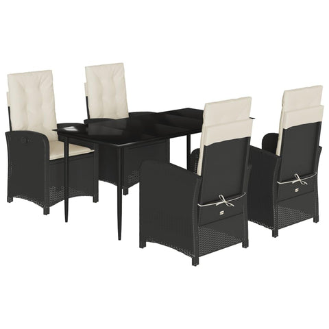 vidaXL 5 Piece Patio Dining Set - Black Poly Rattan, Reclining Garden Chairs, Cushions, and Tempered Glass Table for Outdoor, Garden, Patio, Deck, Backyard Al Fresco Dining
