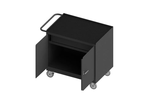 Mobile Bench Cabinet With 5 Inch X 1-1/4 Inch Polyurethane Casters (2) Rigid And (2) Swivel 1 Shelf 1 Drawer And 2 Doors Black Rubber Mat Top Work Surface With Tubular Push Handle Gray