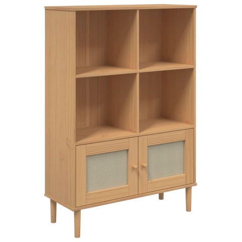 vidaXL SENJA Bookcase - Brown, Free-Standing, Rattan Look Doors, Solid Pine Wood with UV Varnish, 35.4"x13.8"x51.2", Wooden Handles