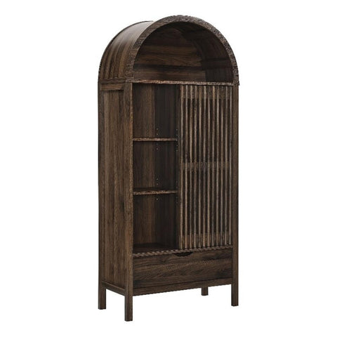 Modway Vaughn 71 Inch Arched Display Cabinet in Walnut - Modern Arch Bookcase with Drawer and Adjustable Shelves - Tall Storage Cabinet for Living Room, Dining Room, Hallway
