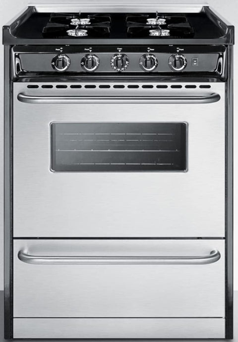 Summit Appliance TNM6107BRW 24" Wide Slide-in Style Gas Range in Stainless Steel with Open Burners, Oven Window, Adjustable Oven Racks, Porcelain Construction and Electronic Ignition