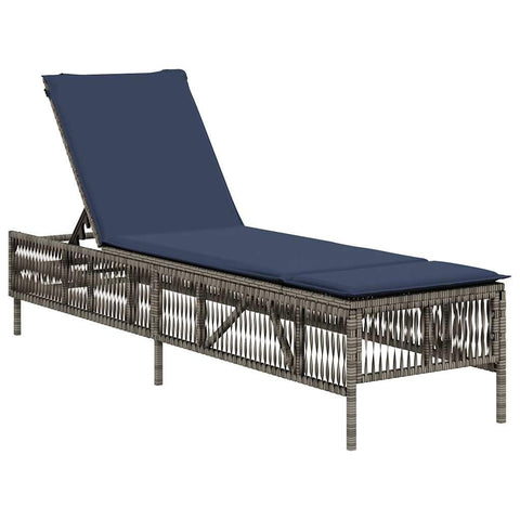 vidaXL Grey Poly Rattan Sun Lounger with Navy Cushion 5 Position Adjustable Outdoor Lounge Chair for Relaxing On Balconies Gardens Pools and Patios Patio Cushioned Sunbed Chaise Garden Reclining