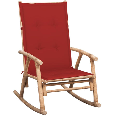 vidaXL Solid Bamboo Rocking Chair with Weather and Comfortable Red Cushion â€“ Ideal for Indoor and Outdoor Use