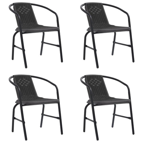 vidaXL Set of 4 Garden/Patio Stackable Chairs - Elegant Black Plastic Rattan with Robust Steel Frame Outdoor Armchairs