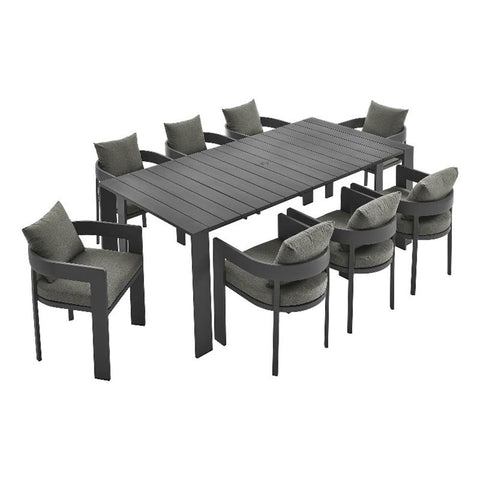 Modway Tahoe Outdoor Patio Powder-Coated Aluminum 9-Piece Dining Set in Gray Charcoal - Rectangular Patio Furniture Set for 8 - Outside Table with Umbrella Hole and Cushioned Chairs - Modern Patio Set