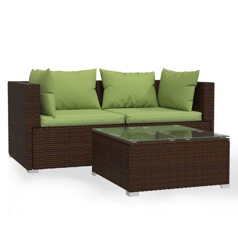 vidaXL 3-Piece Outdoor Patio Lounge Set - Brown Poly Rattan Furniture with Green Cushions and Glass Top Coffee Table for Garden, Yard, Poolside