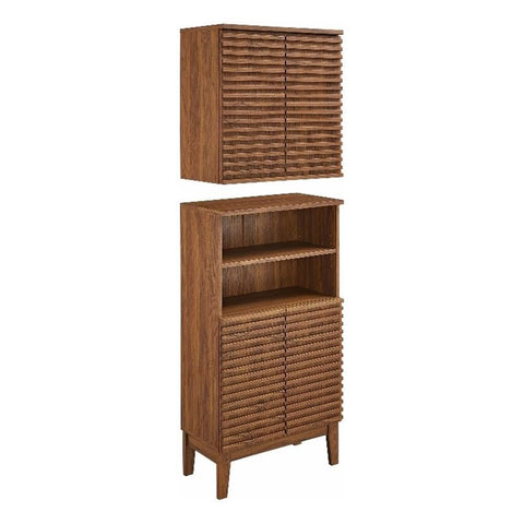 Modway Render Bathroom Cabinet Set in Walnut - Freestanding Linen Cabinet and Wall Mounted Storage with Slatted Doors, Adjustable Shelves