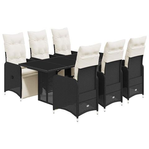 vidaXL 7 Piece Garden Bistro Set with Cushions | Black Poly Rattan Seats 6 Rectangular Table & Reclining Chairs Powder Coated Steel Frame Tempered Glass Top Furniture Outdoor Patio Seater and Person
