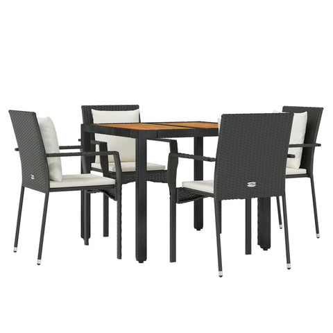 vidaXL 5-Piece Patio Dining Set, Black Poly Rattan with Cushions - Weather- Outdoor Dining Set Featuring Acacia Wood Tabletop, Steel Frame & Modular Design