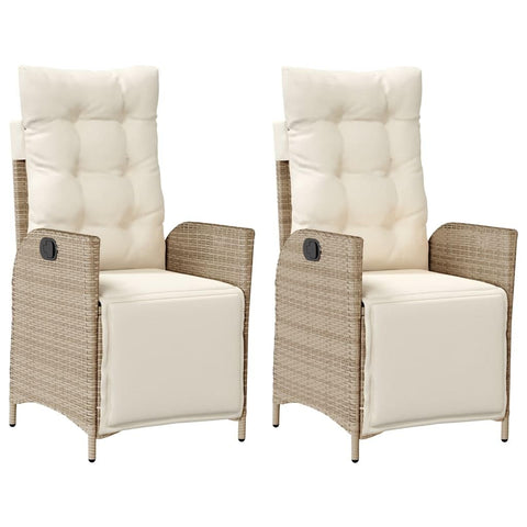 vidaXL Beige Poly Rattan Reclining Patio Chairs w/Footrest, Adjustable Garden Loungers, Outdoor Chairs with Washable Cushions, Set of 2