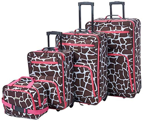 Rockland Fashion Softside Upright Luggage Set, Telescoping Handles, Pink Giraffe, 4-Piece (14/19/24/28)