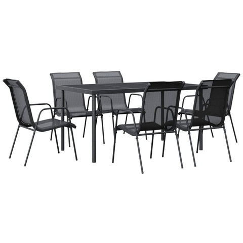 vidaXL 7-Piece Outdoor Patio Dining Set - Black Powder-Coated Steel and Textilene Chairs and Table - Tempered Glass Tabletop - Easy Assembly - Suitable for Garden, Balcony, and Poolside