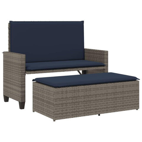 vidaXL Patio Bench with Cushions and Footstool â€“ Outdoor Loveseat Sofa Bed, Gray Poly Rattan â€“ Garden, Patio, Deck Furniture