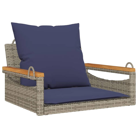 vidaXL Swing Bench with Cushions - Gray Poly Rattan Patio Hammock Chair - Outdoor Garden Furniture - Comfortable Seating with Padded Navy Blue Cushions