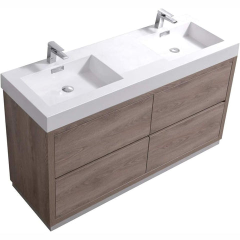 Oakestry Bliss 60 Inch Double Sink Butternut Freestanding Modern Bathroom Vanity with Integrated Acrylic Basins and Push Open Soft Close Storage Drawers