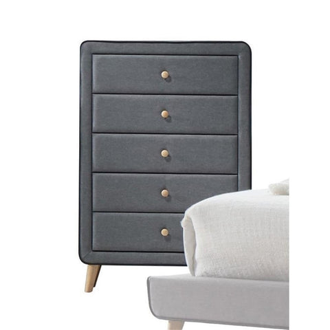 Acme Valda Upholstered 5 Drawer Chest in Light Gray Fabric