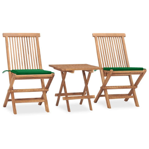 vidaXL 3 Piece Folding Patio Dining Set with Green Cushion - Teak Wood, Outdoor Furniture, Garden Table and Chairs