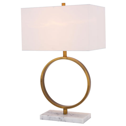 BETHEL White Boxed Shade Table LAMP with A Gold O Frame and A White Marble Base