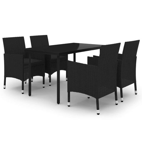 vidaXL 5-Piece Patio Dining Set - Weather Outdoor Furniture with Cushioned Chairs - Poly Rattan and Glass Tabletop - Black